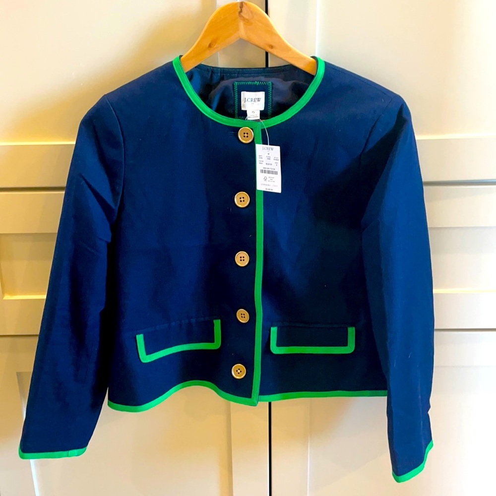 J. Crew Navy jacket with kelly green trim
